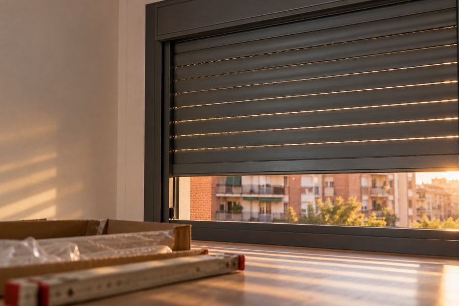 Persiana nueva de aluminio gris bajada casi por completo en la ventana de un piso