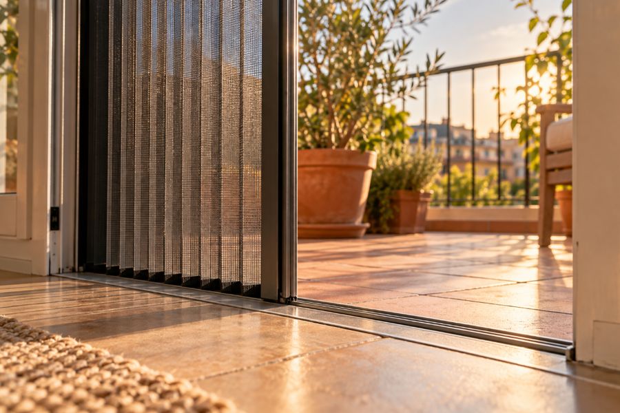 Mosquitera plisada abierta a medias en la puerta de una terraza con plantas