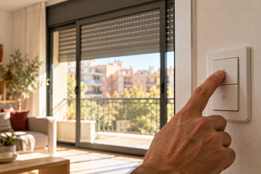 Mano pulsando el interruptor de pared de una persiana eléctrica en un salón