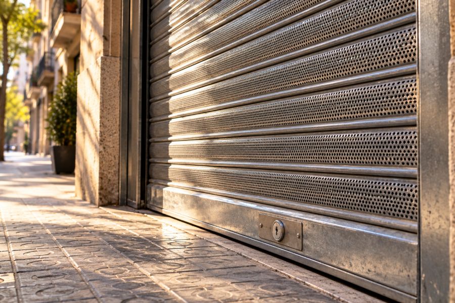 Cierre metálico microperforado de un comercio bajado sobre la acera